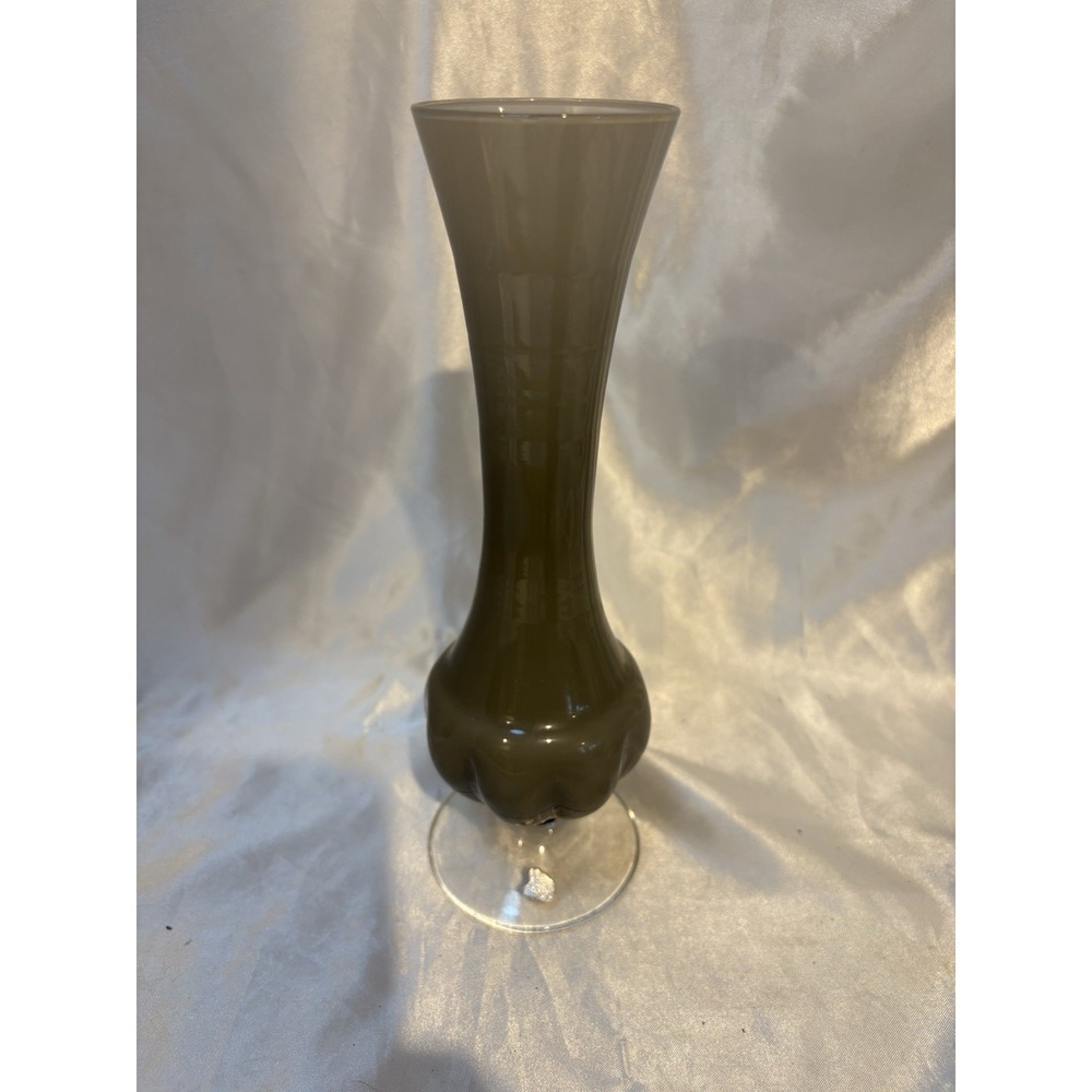 9" Vintage Opaline Fluted Collar Bud Vase Gray Lightly Ridged Base Made Italy